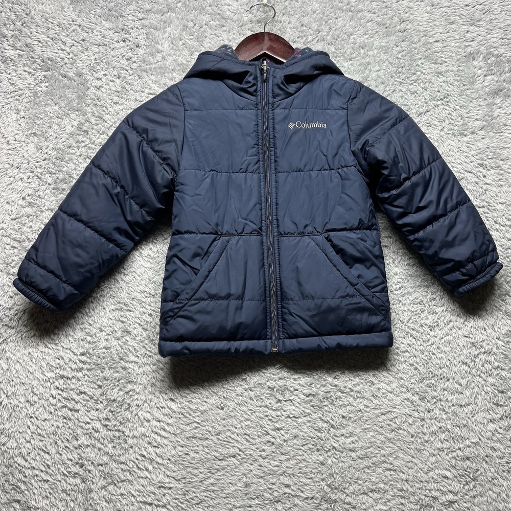 Columbia Jacket Girls XXS 4/5 Blue Reverible Soft‎ Fleece Hood Pockets Geometric